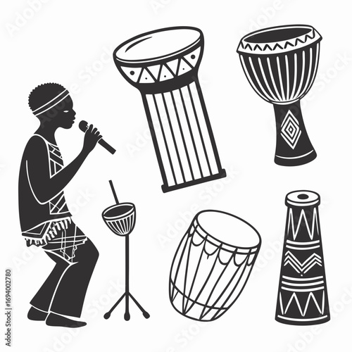 African musician and tribal drums silhouette djembe