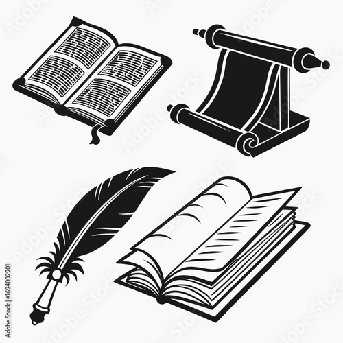 Ancient book scroll quill pen open pages vector