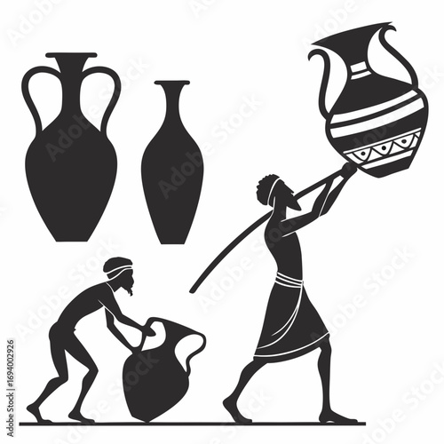Ancient figures carrying pottery vessels silhouette vase