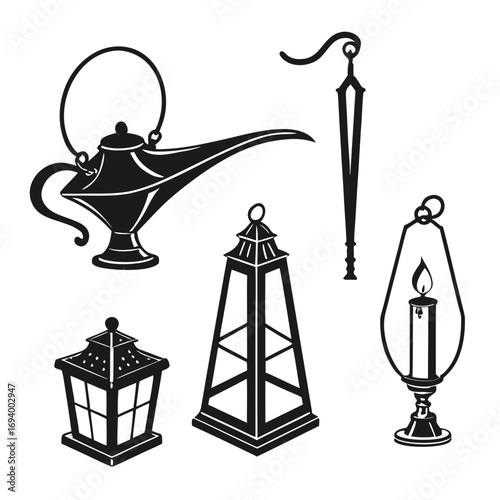 Ancient oil lamps and lanterns silhouettes candle