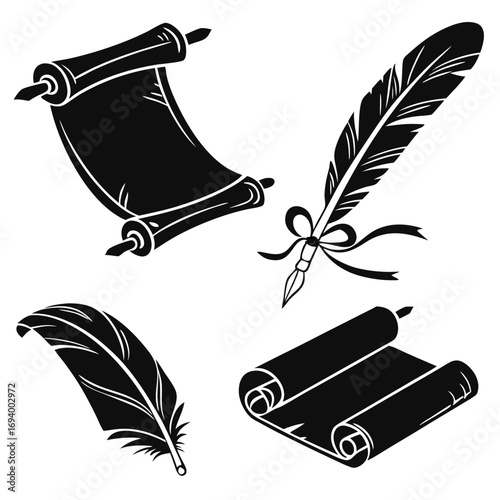 Ancient scrolls and quill pens silhouette writing vintage