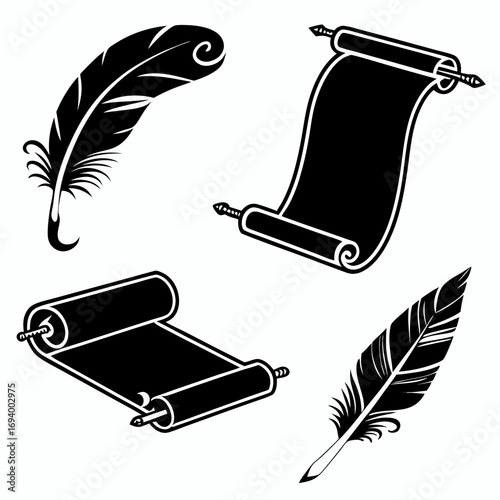 Ancient scroll and feather pen silhouettes quill writing