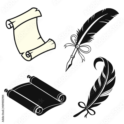 Ancient scrolls and quill pens silhouette parchment feather