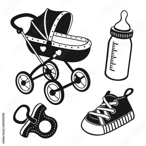 Baby stroller bottle pacifier shoe silhouettes baby bottle baby shoe