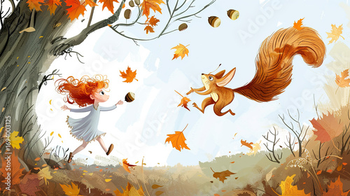 Wallpaper Mural The little girl chased the golden butterfly and ran across the mountain trail. The squirrel was holding the acorn and jumped over the branches. The maple leaves fell on the tips of her hair like a bre Torontodigital.ca