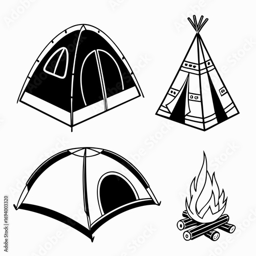 Black and white camping tents and campfire icons shelter outdoors