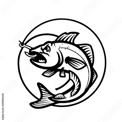 Intense fish caught on fishing hook, perfect for fishing enthusiasts and outdoor adventure logos