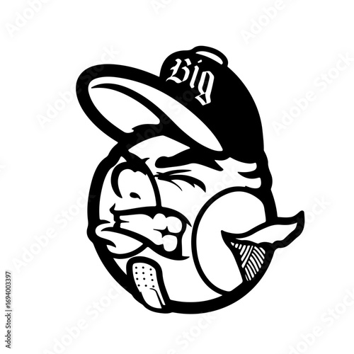 Duck basketball mascot with a cool hat dribbling for sports team branding and spirited school pride