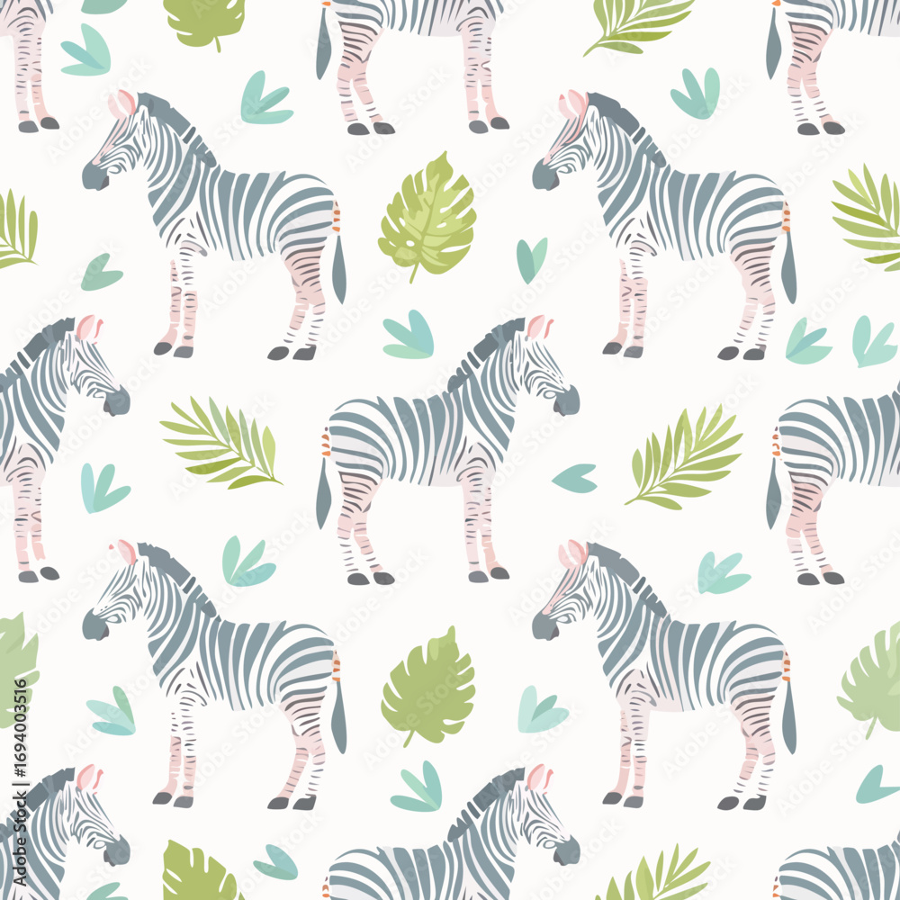 Fototapeta premium Zebra gentle pastel-colored vector pattern perfect for seamless backgrounds.