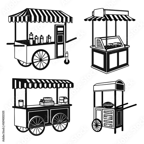 Black and white street food cart illustrations silhouette food stall