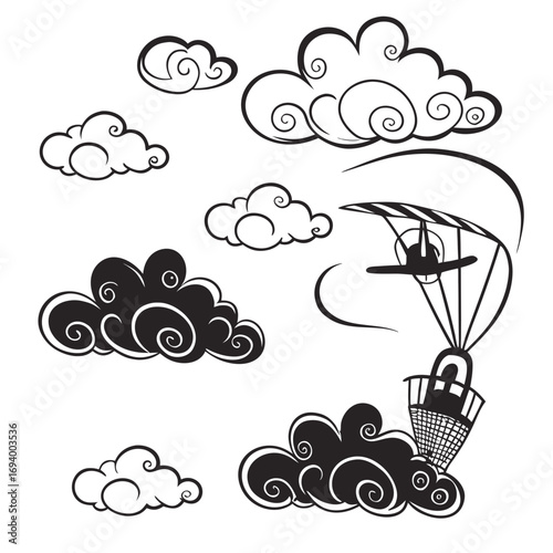 Black and white stylized clouds and hot air balloon vector
