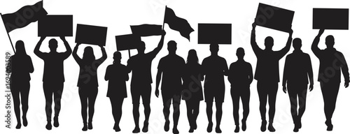 Silhouette of Activists Marching with Protest Signs and Flags – Vector Illustration for Social Movement, Political Demonstration, Rally, and Unity Concept