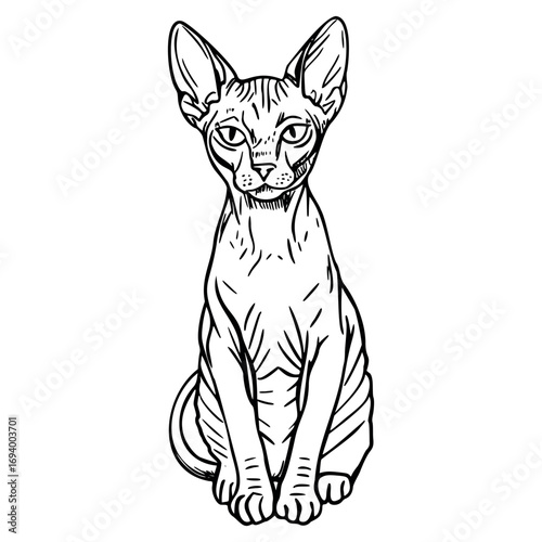 A hairless Sphynx cat sits upright, showcasing its distinctive wrinkled skin and large ears. The cat has a curious expression and is depicted in a simple line art style.