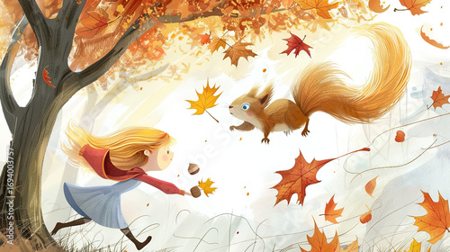 Wallpaper Mural The little girl chased the golden butterfly and ran across the mountain trail. The squirrel was holding the acorn and jumped over the branches. The maple leaves fell on the tips of her hair like a bre Torontodigital.ca