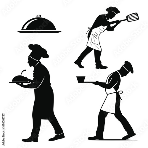 Black chef silhouettes serving food and cooking restaurant