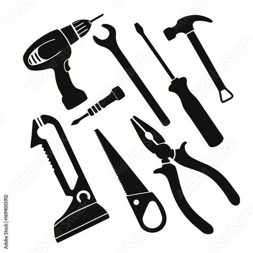 Black construction tools collection drill wrench