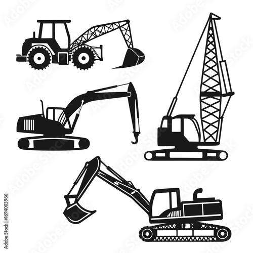 Black construction vehicles on white background excavator crane