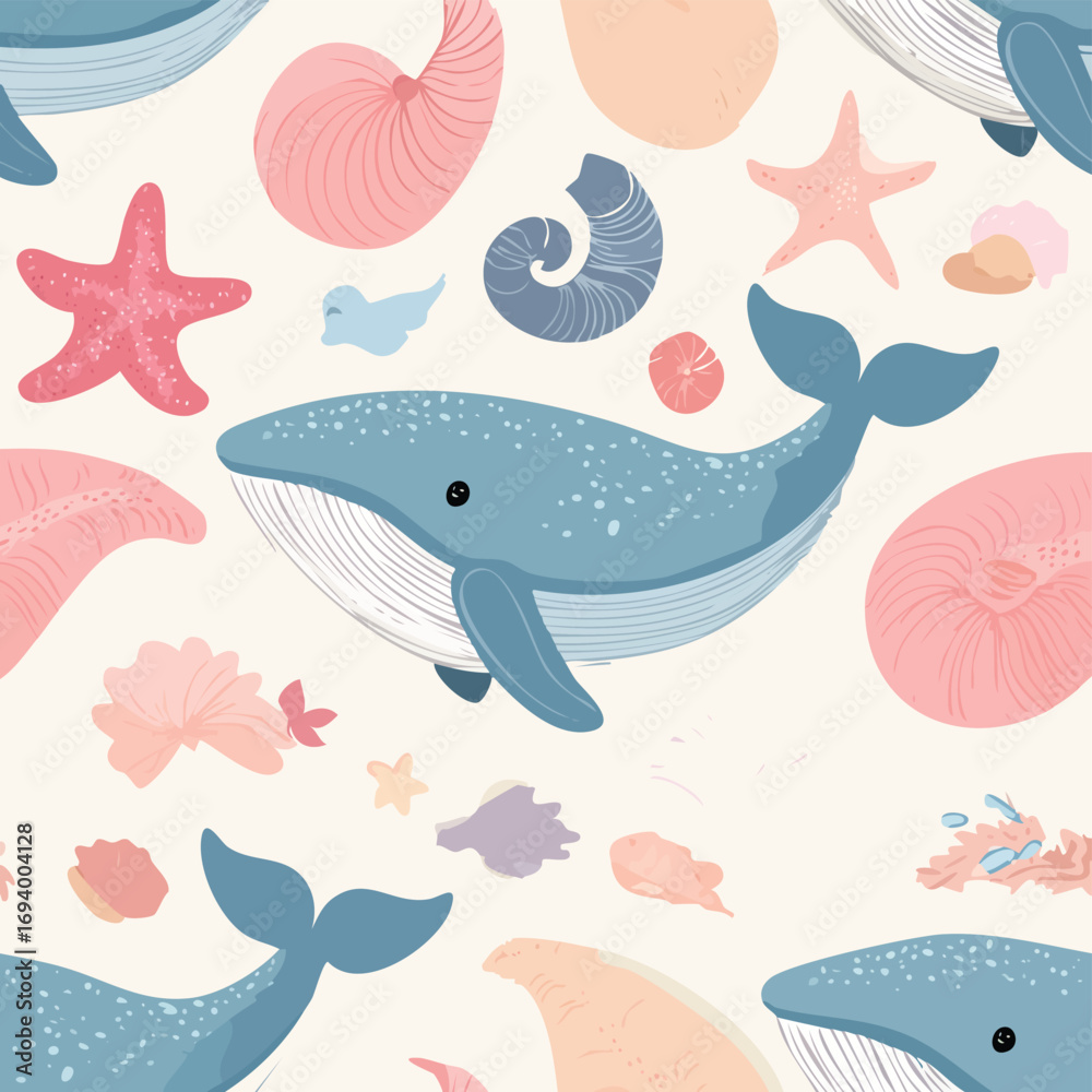 Obraz premium Whale harmonious pastel vector pattern ideal for seamless textures.