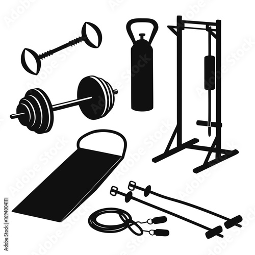 Black fitness equipment silhouettes on white background dumbbell barbell