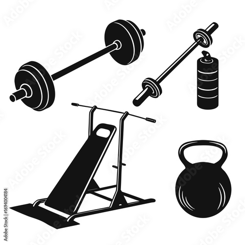 Black gym equipment silhouettes barbell bench kettlebell weights