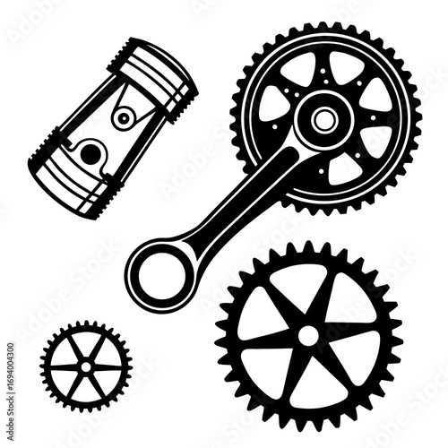 Black industrial engine parts and gears piston