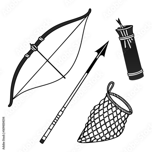 Black hunting tools bow spear quiver net arrow