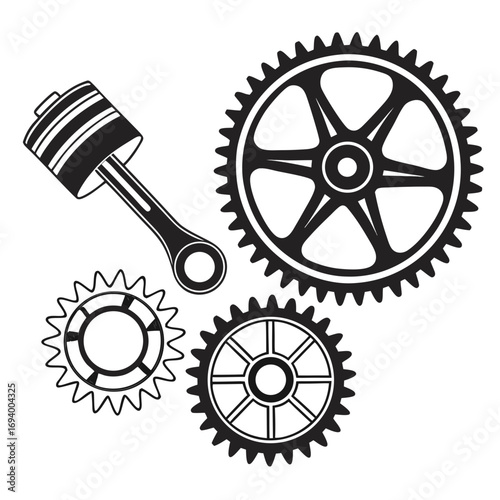 Black industrial gears and piston on white mechanical machinery