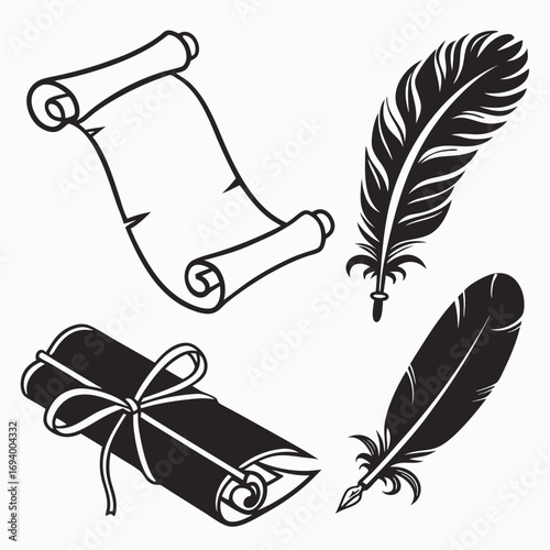 Black ink scrolls and quill pens writing