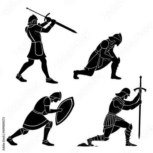 Black knight silhouettes sword shield armor poses white
