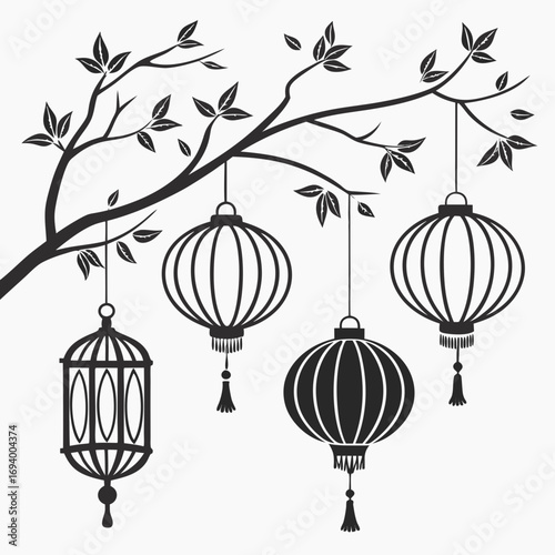 Black lantern silhouettes hanging from tree branch white