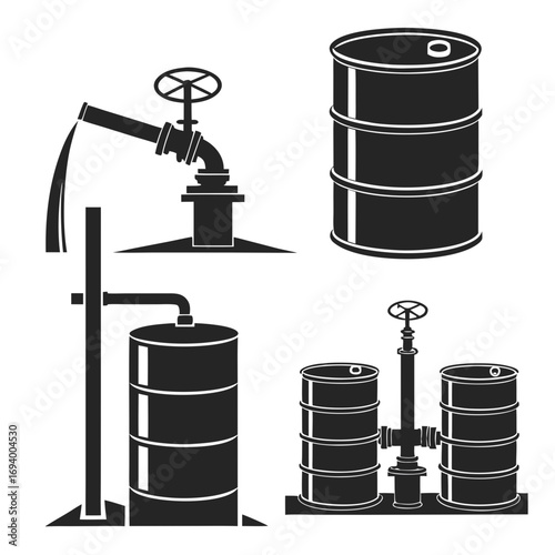 Black oil barrels and pipelines industrial scene storage transport