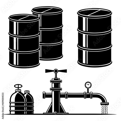 Black oil barrels pipeline valve and gauge industrial