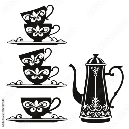 Black ornate coffee pot and teacups vector