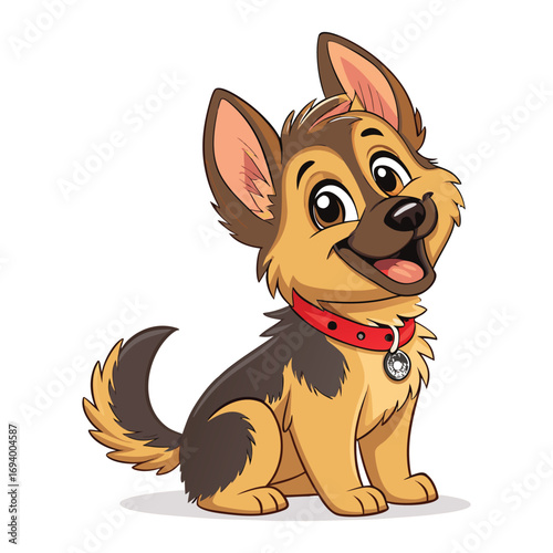 Cartoon german shepherd puppy sitting and smiling on transparent background