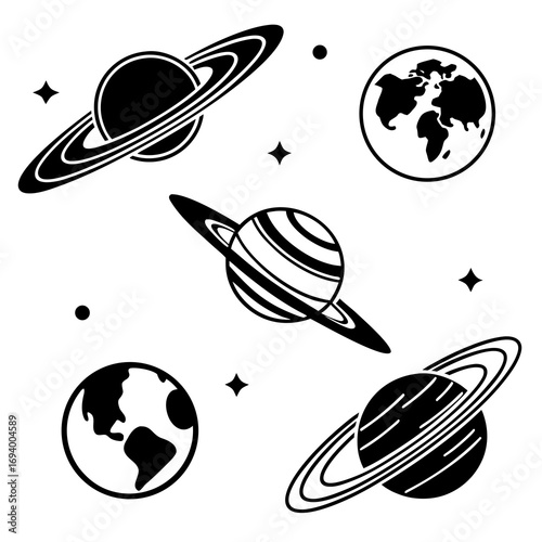 Black planets and stars icons saturn mars