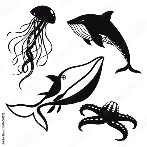 Black sea creatures jellyfish whale octopus squid sea life