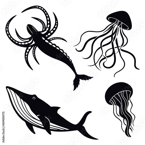 Black sea creatures whale squid jellyfish ocean life