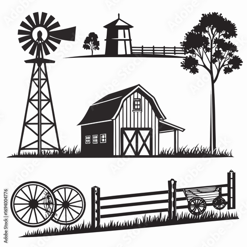 Black silhouette farm elements windmill barn fence wagon vector