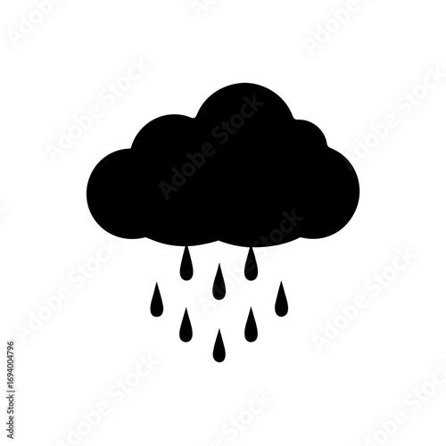 Black cloud with rain falling on transparent background silhouette