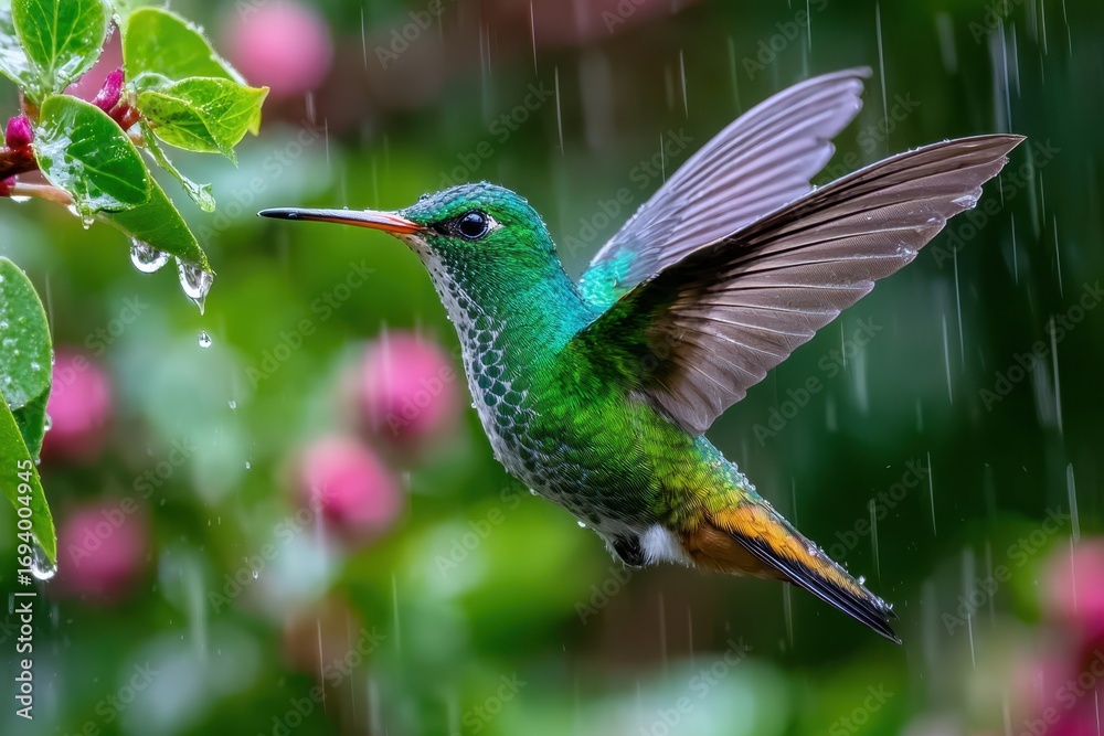Fototapeta premium Hummingbird in Rain Near Blossoming Flowers