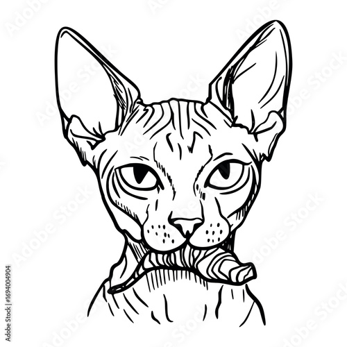 A hairless Sphynx cat with large ears and a curious expression, holding a toy in its mouth. The illustration captures the unique features of this breed.