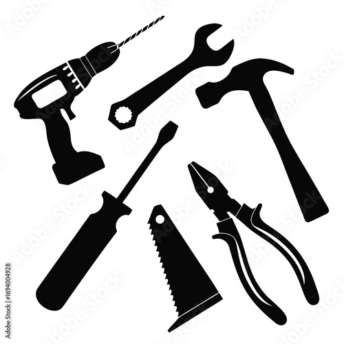 Black silhouettes of assorted hand tools and power drill wrench hammer