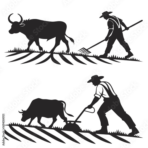 Black silhouettes farmers plowing fields with oxen vector