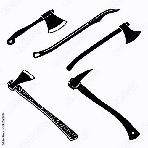 Black silhouettes of axes and woodcutting tools hatchet