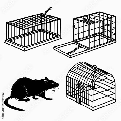 Black silhouettes of animal cages and rat animal trap rodent