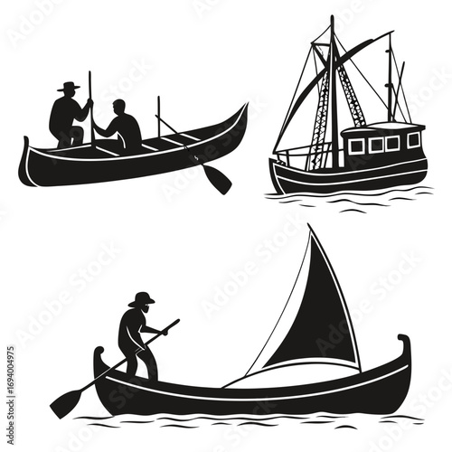 Black silhouettes of boats with people and sails white water
