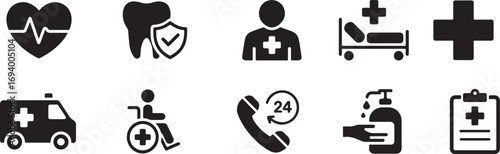 Black medical healthcare icons set including heart rate tooth shield patient bed ambulance wheelchair phone hand sanitizer clipboard