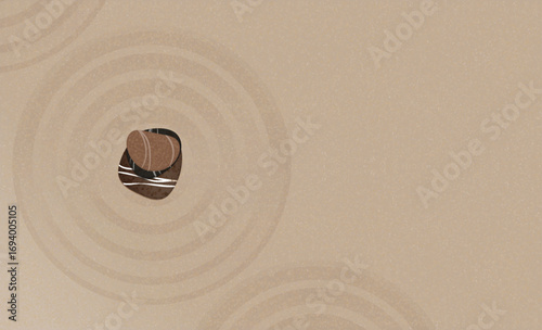 Zen garden,Sand texture pattern background,Summer beach for Nature art for Spa banner,Sea sand and pyramid pebble stone on geometric circle lines in Japan style,Asian meditation buddhism, Zen like