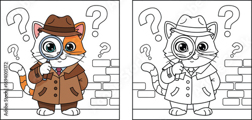  Detective Cat with Magnifying Glass - Coloring Page and Colored Illustration for Mystery Themes, Kids' Activities, and Education