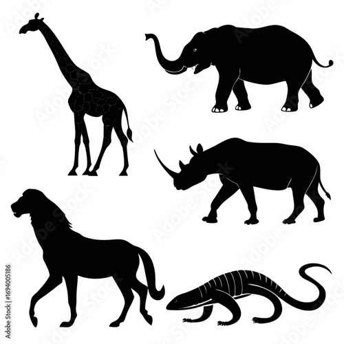 Black silhouettes of jungle animals giraffe elephant rhino lizard horse vector